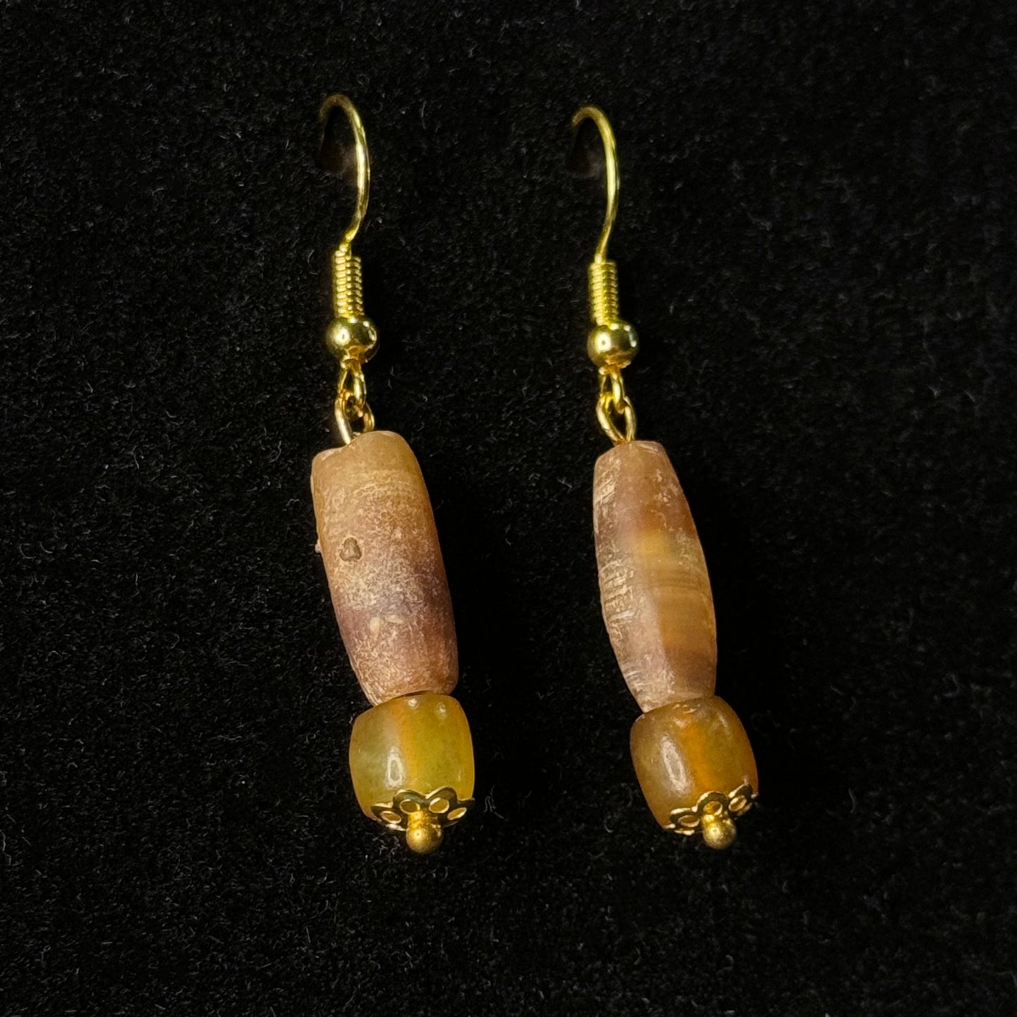 Ancient Roman Banded Agate Bead Earrings in a Modern Gold-plated Setting