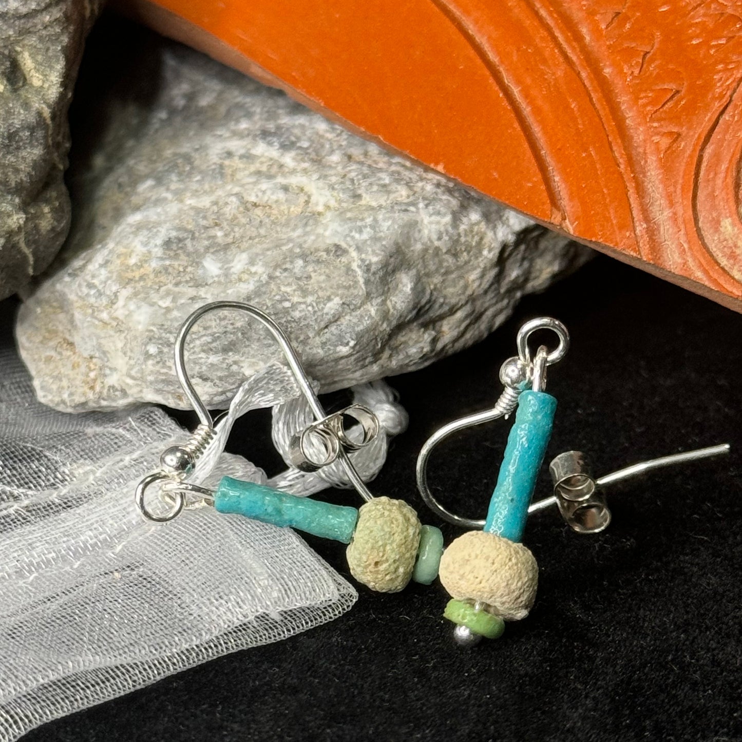 Ancient Egyptian Faience Bead Earrings (Sterling Silver)