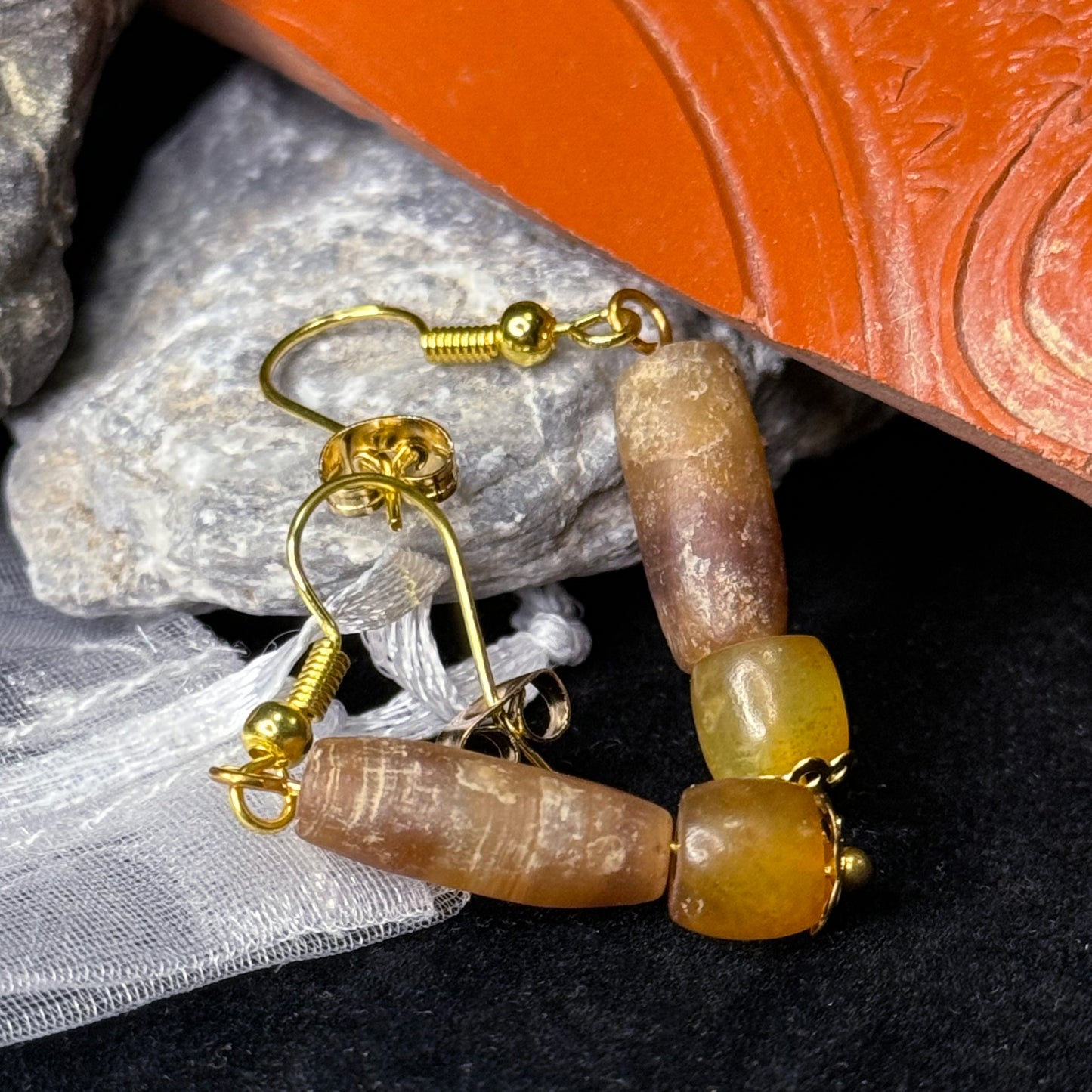 Ancient Roman Banded Agate Bead Earrings in a Modern Gold-plated Setting