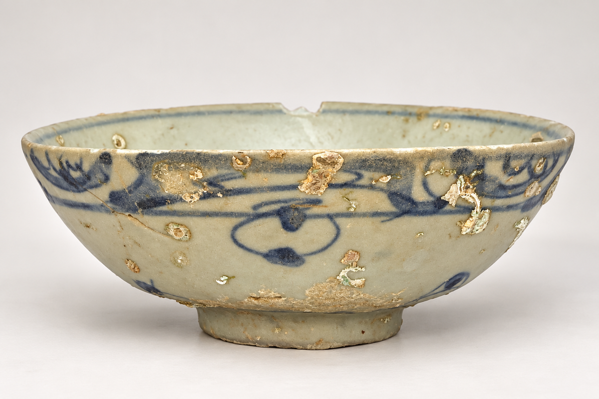 Shipwreck Nguyễn Dynasty Blue-and-White Porcelain Bowl with Floral Motif — ca. Early 19th Century