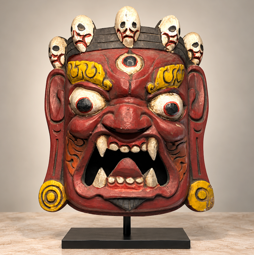 Himalayan Tibetan Wrathful Deity Wooden Mask – Hand-Carved and Polychrome