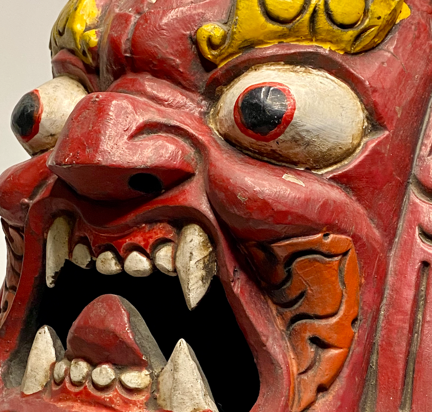 Himalayan Tibetan Wrathful Deity Wooden Mask – Hand-Carved and Polychrome