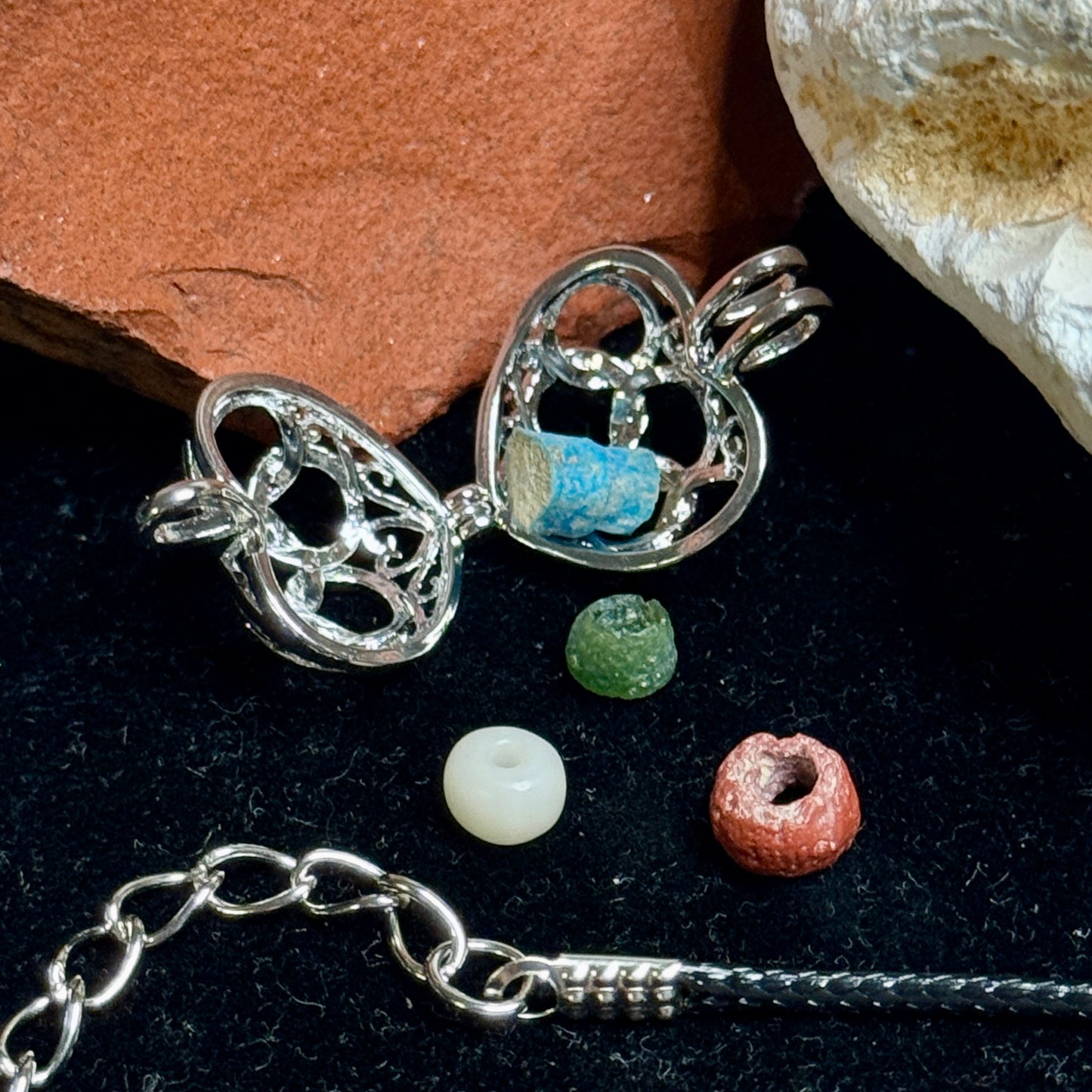 Ancient Egyptian Lot of Beads in a modern Chrome-plated Setting, (1000 B.C.) – Late New Kingdom