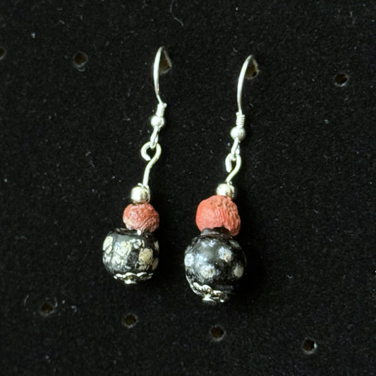 Ancient Egyptian Glass and Coral Bead Earrings (Sterling Silver)