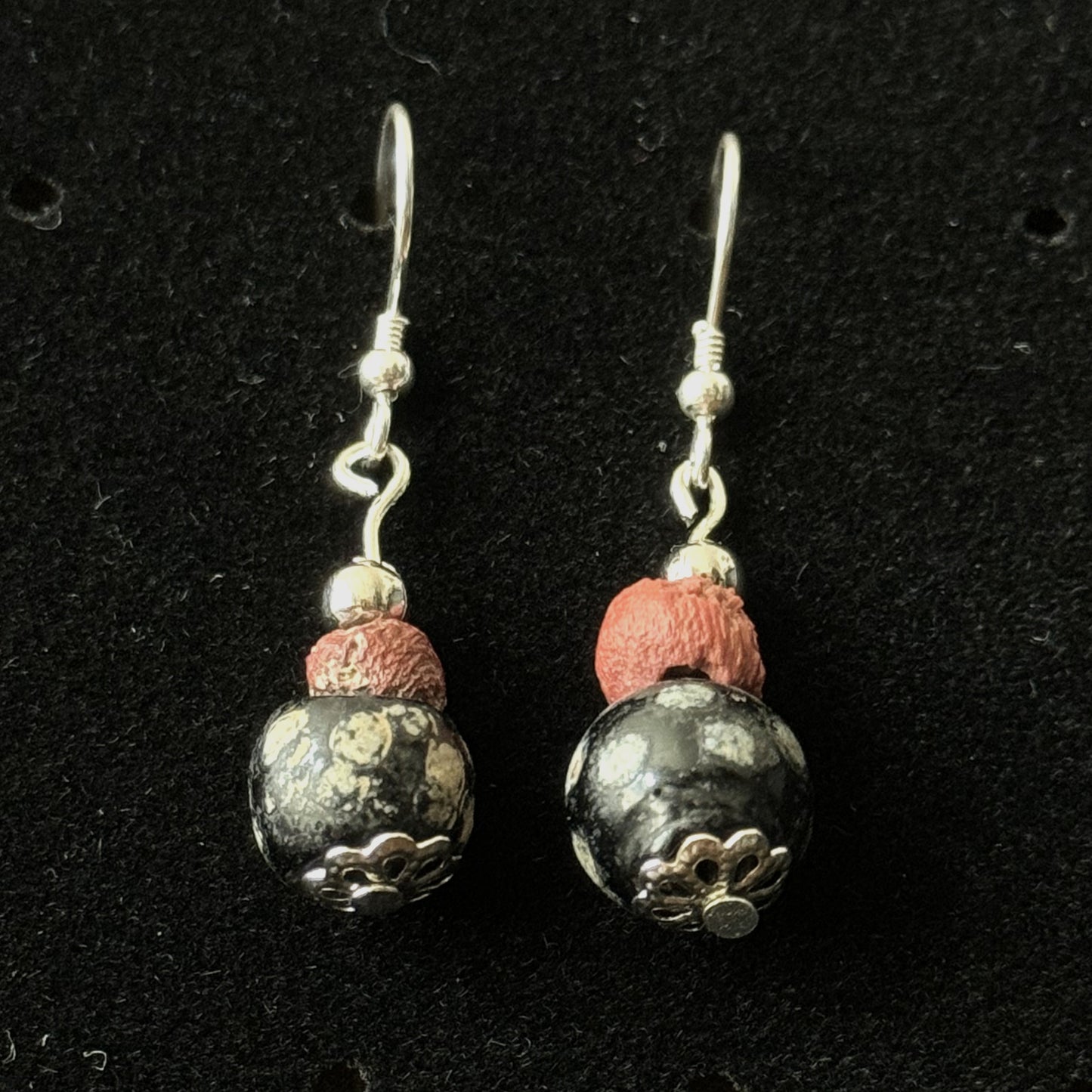 Ancient Egyptian Glass and Coral Bead Earrings (Sterling Silver)