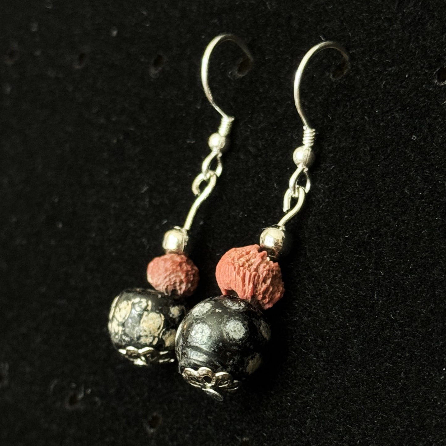 Ancient Egyptian Glass and Coral Bead Earrings (Sterling Silver)