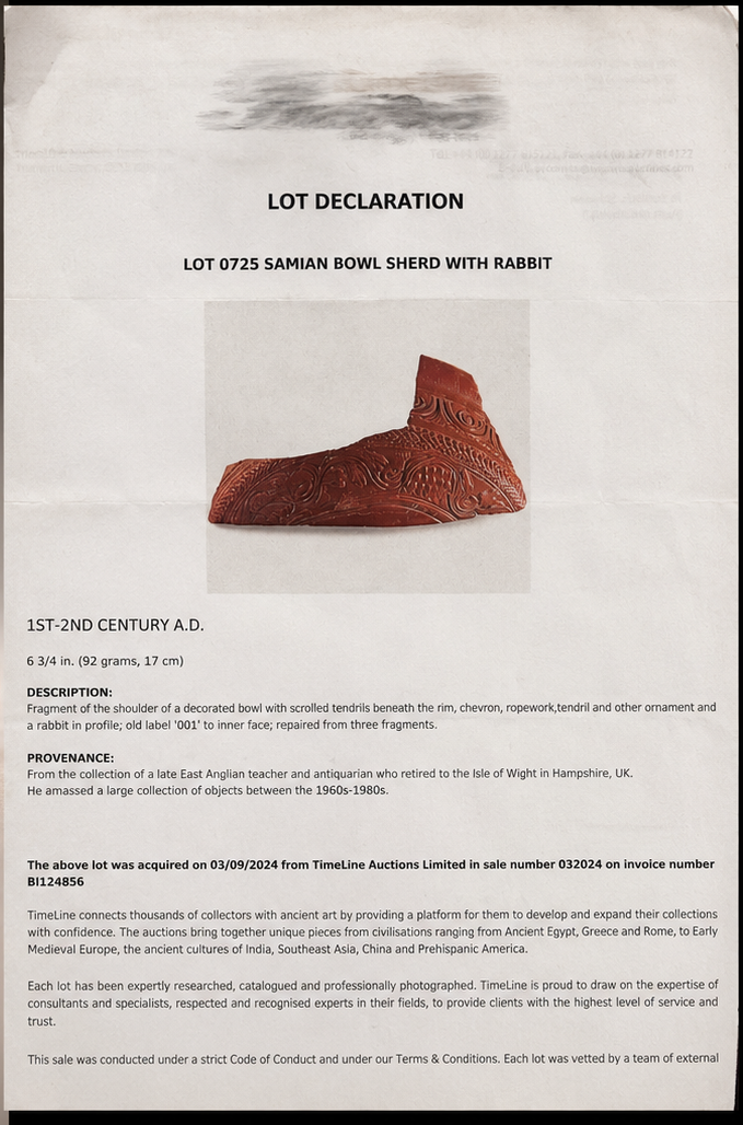 Ancient Roman Terra Sigillata (Samian Ware) Bowl Fragment with Rabbit – 1st–2nd Century AD