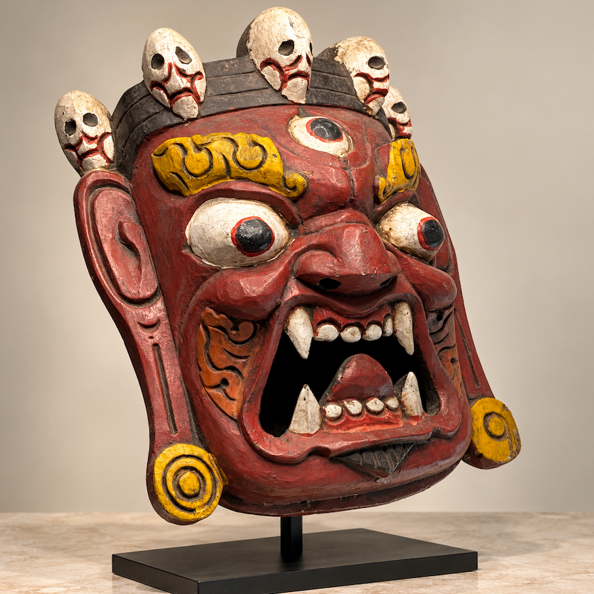 Himalayan Tibetan Wrathful Deity Wooden Mask – Hand-Carved and Polychrome